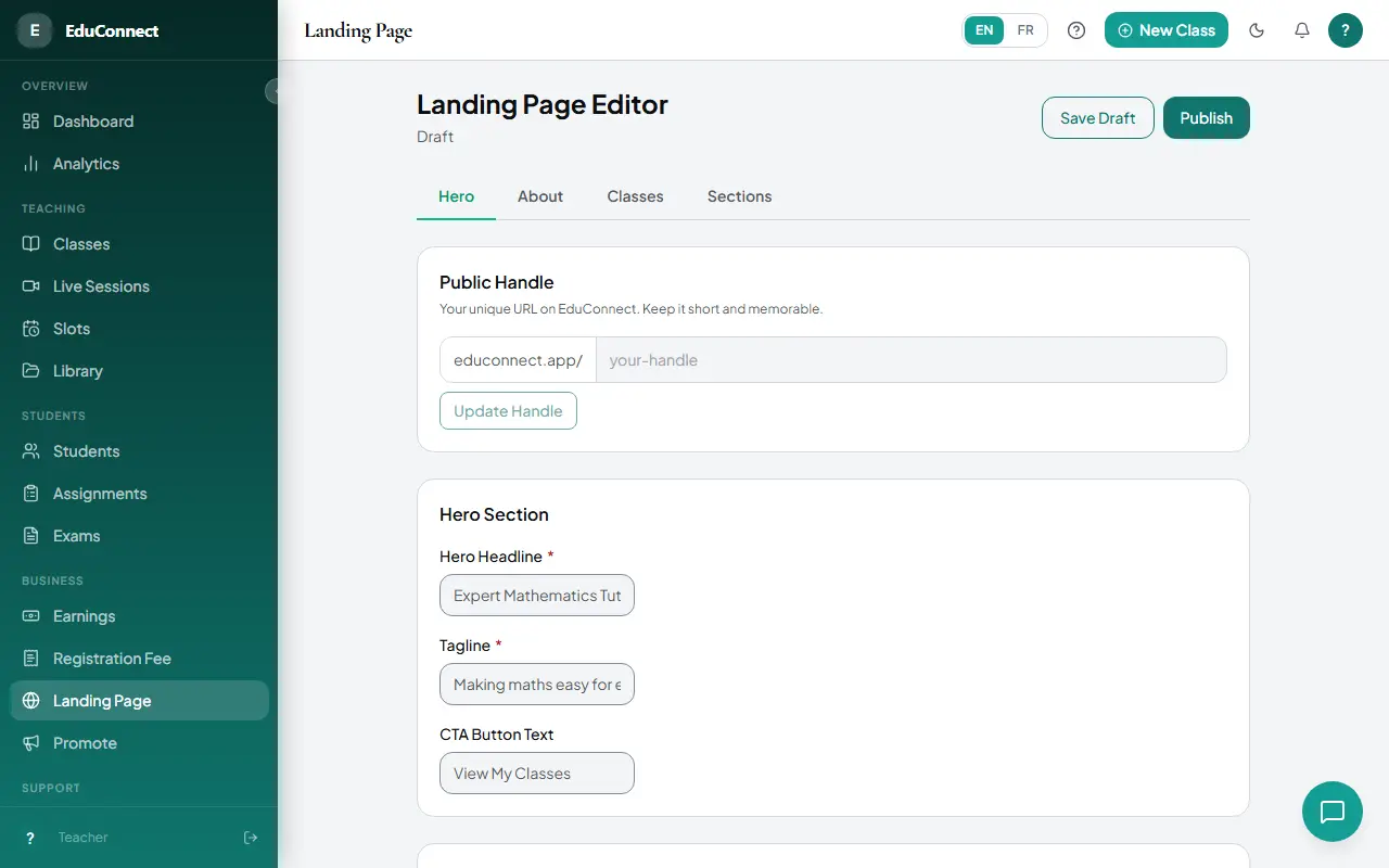 The Landing Page editor